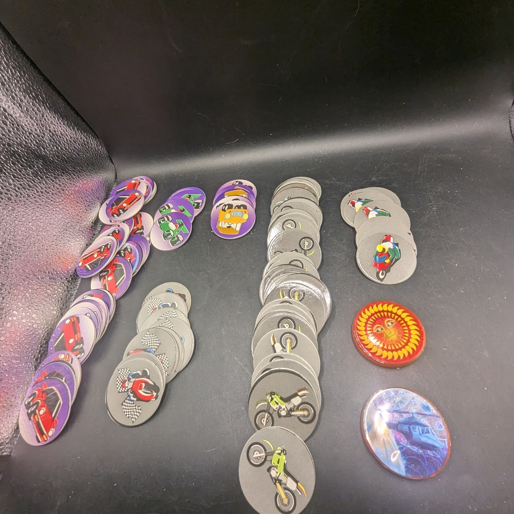 Vintage 1990's Lot Of 96 Pogs Includes Cars And Motorcycles With Two Slammers